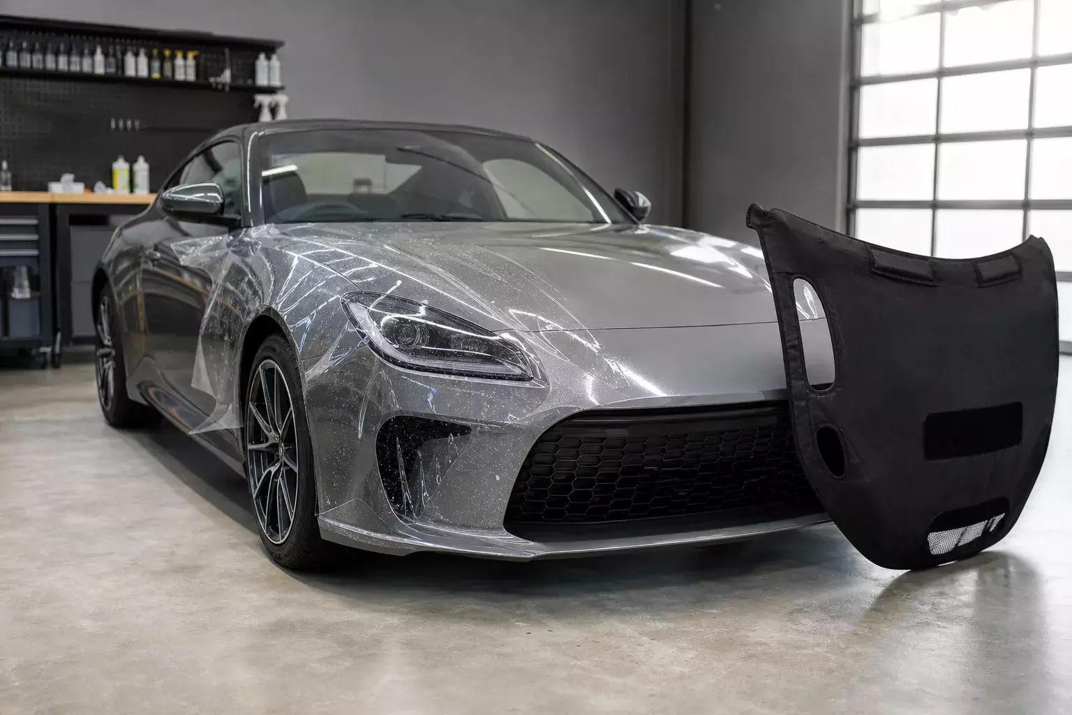 Современная иллюстрация различий между чёрным car bra и прозрачной PPF