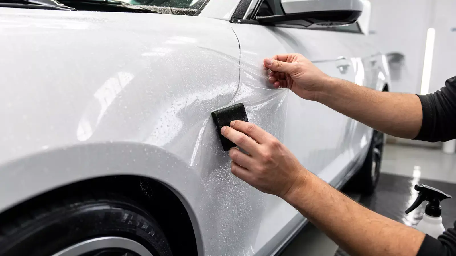 Прозрачная PPF пленка наносится на боковую часть автомобиля