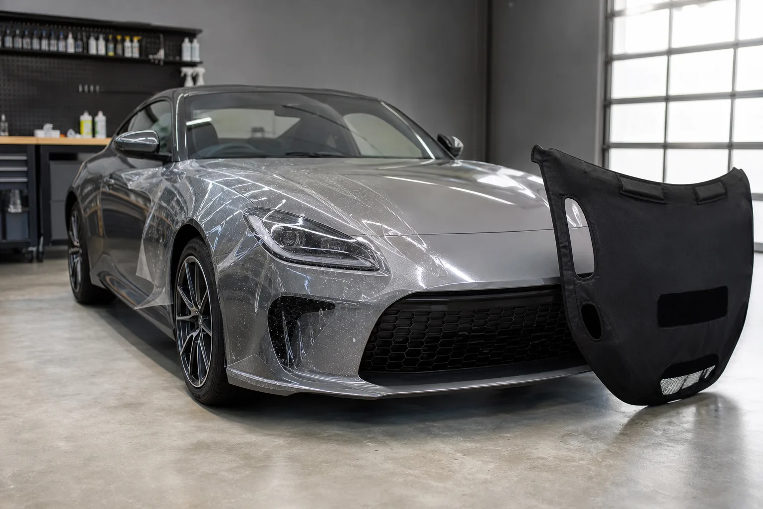 Современная иллюстрация различий между чёрным car bra и прозрачной PPF